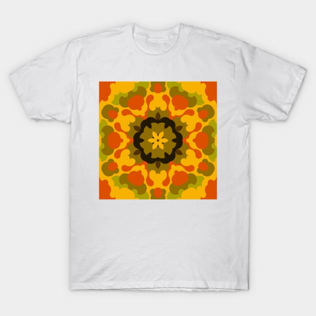 Retro Mandala Flower Yellow and Orange T-Shirt by WormholeOrbital